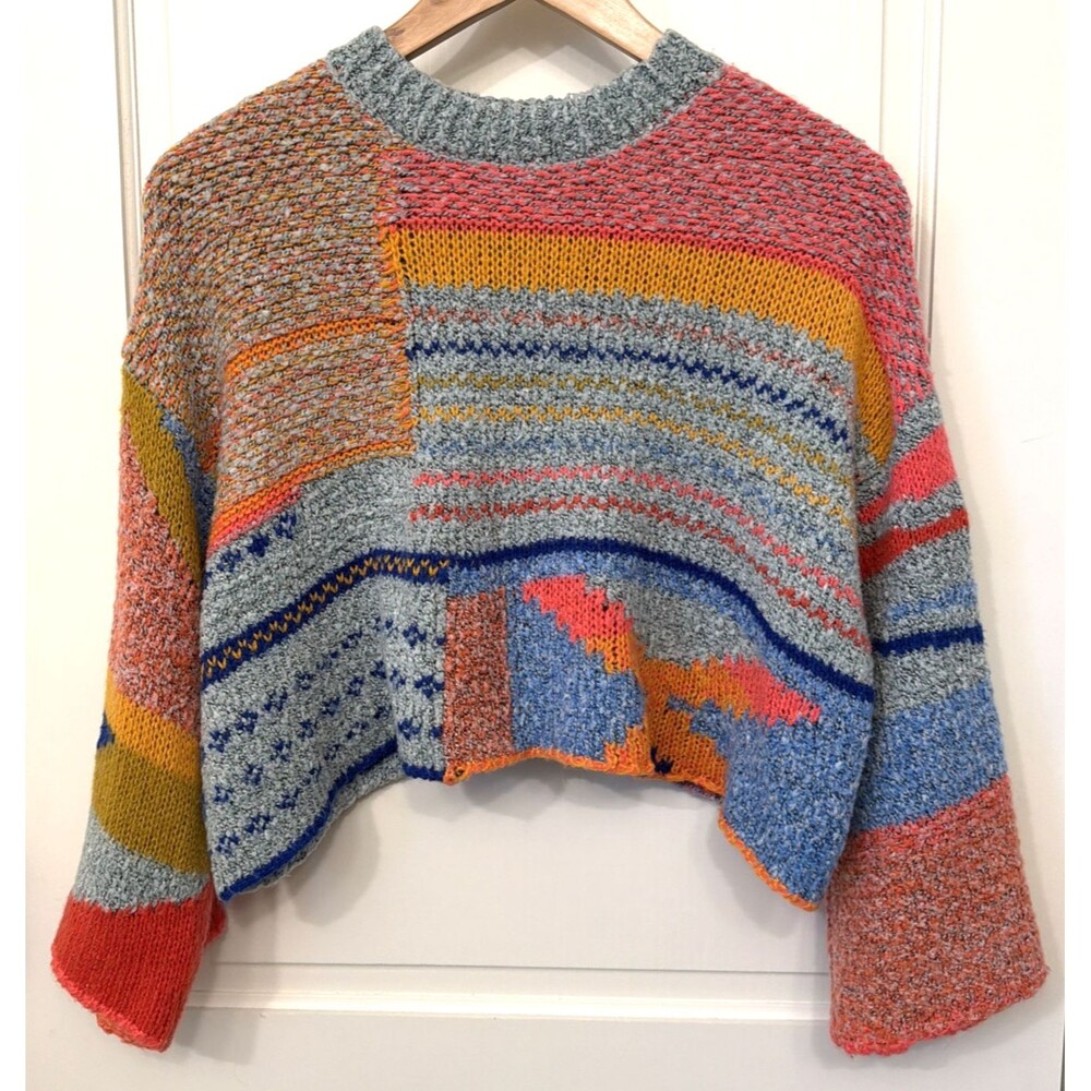 Sincerely Jules Colorful Boho Oversized Cropped  Knit Sweater XS Dopamine Whimsy